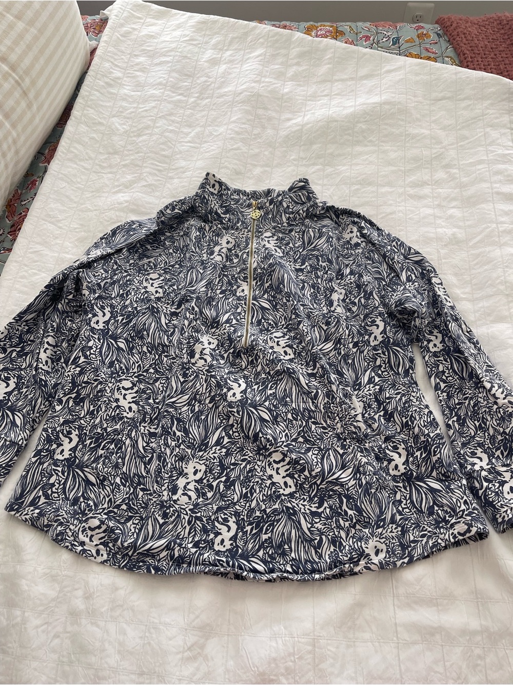 Lilly Pulitzer Womens Navy Floral Quarter-Zip Top xxl